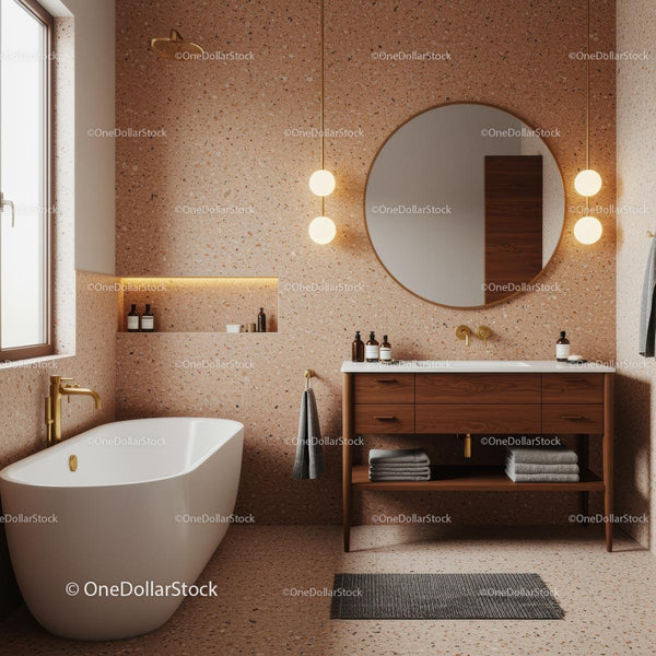 Elegant Bathroom with Freestanding Tub and Wooden Vanity