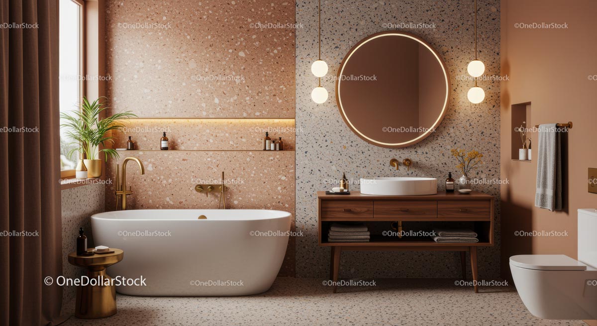 Modern Bathroom with Terrazzo Wall and Elegant Fixtures