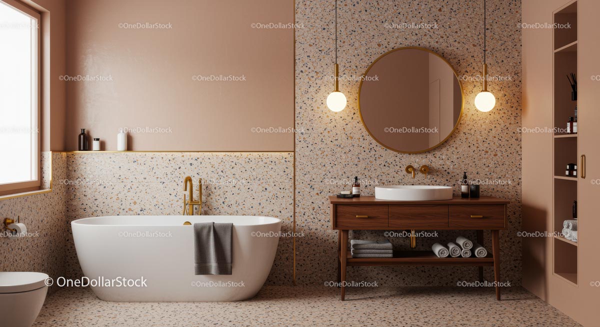 Modern Bathroom with Terrazzo Tiles and Gold Accents