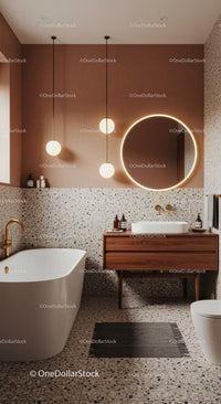 Modern Bathroom with Freestanding Bathtub and Round Mirror