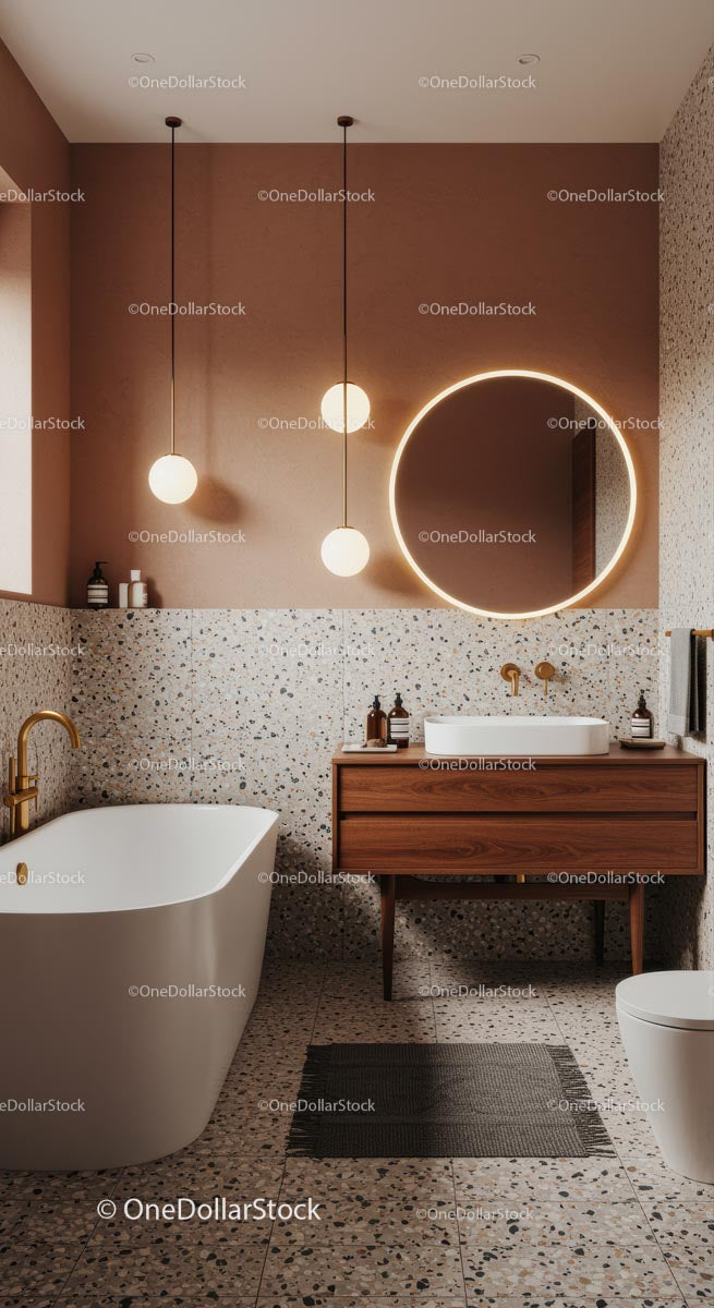 Modern Bathroom with Freestanding Bathtub and Round Mirror