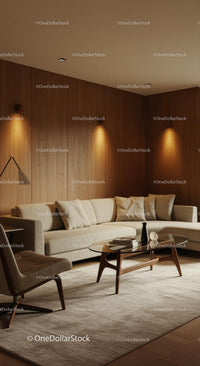 Cozy Modern Living Room with Beige Sofa and Wooden Accents