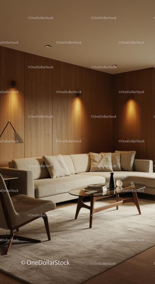 Przytulny nowoczesny salon z beżową sofą i drewnianymi akcentami