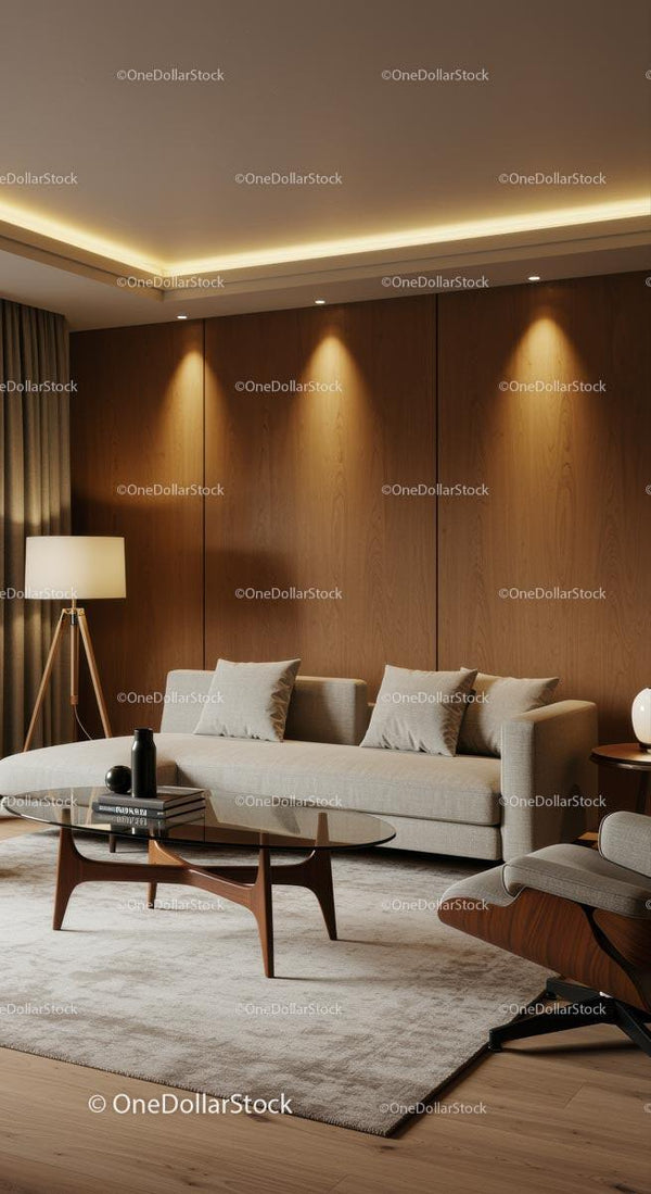 Nowoczesny salon z drewnianą boazerią i beżową sofą
