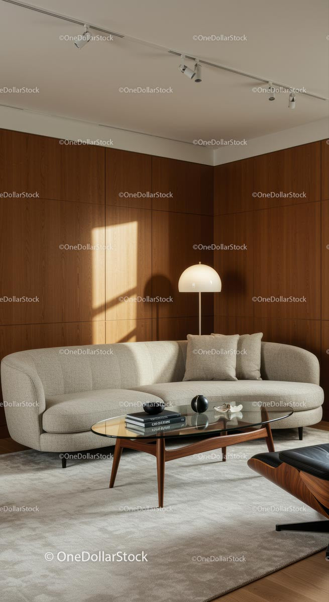 Nowoczesny salon z elegancką sofą i szklanym stolikiem kawowym
