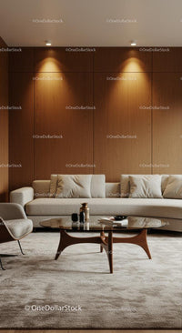 Modern Living Room with Wooden Panels and Cozy Sofa