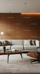 Modern Living Room with Wooden Paneling and Beige Sofa