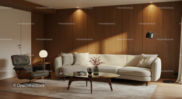 Elegancki salon z beżową sofą i drewnianymi akcentami