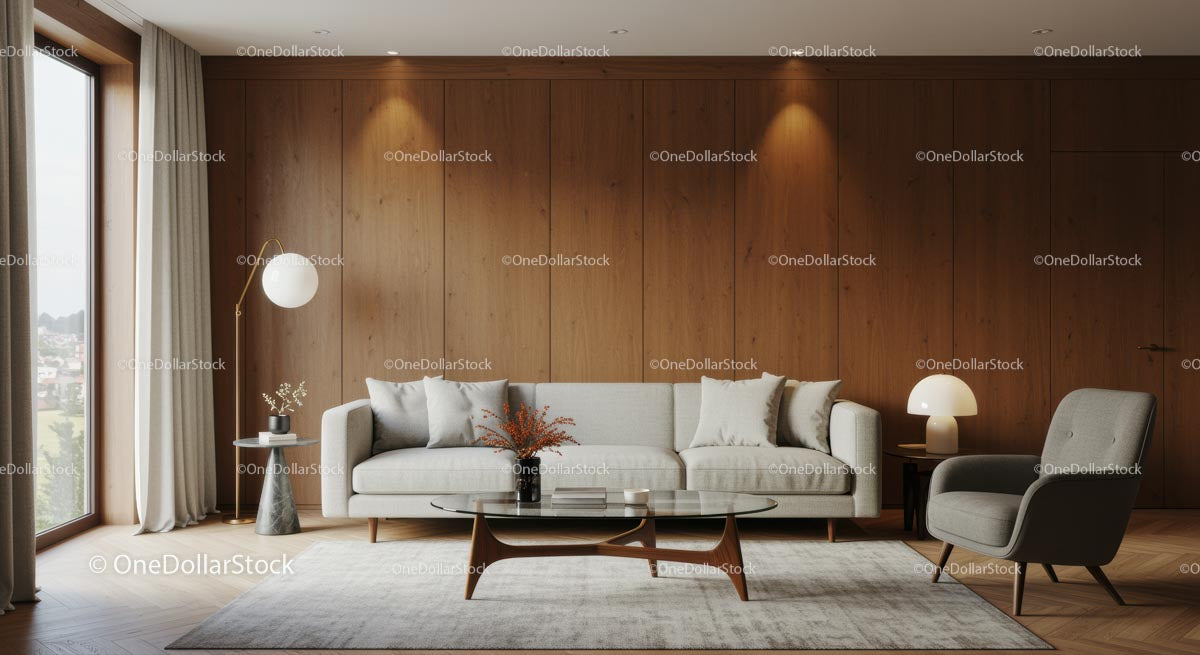 Elegancki nowoczesny salon z drewnianymi panelami