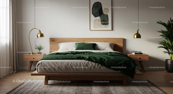 Modern Bedroom with Wooden Furniture and Green Accents