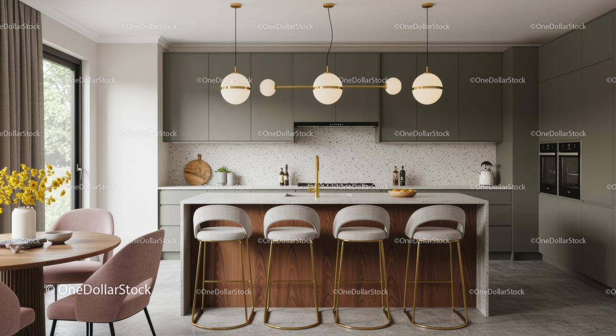 Modern Kitchen with Stylish Green Cabinets and Wooden Accents