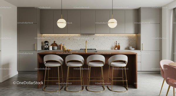 Chic Modern Kitchen with Elegant Bar Stools and Lighting