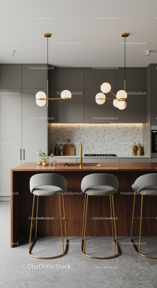 Modern Kitchen with Wooden Island and Gold Accents