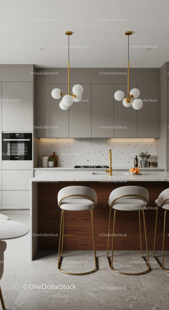 Modern Kitchen with Gold Accents and Marble Countertops