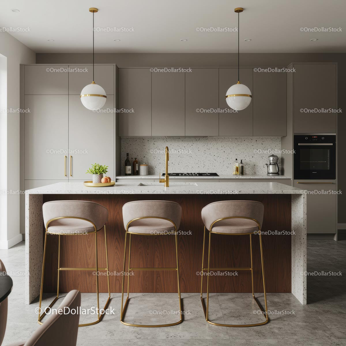 Modern Kitchen with Sleek Gray Cabinets and Marble Island