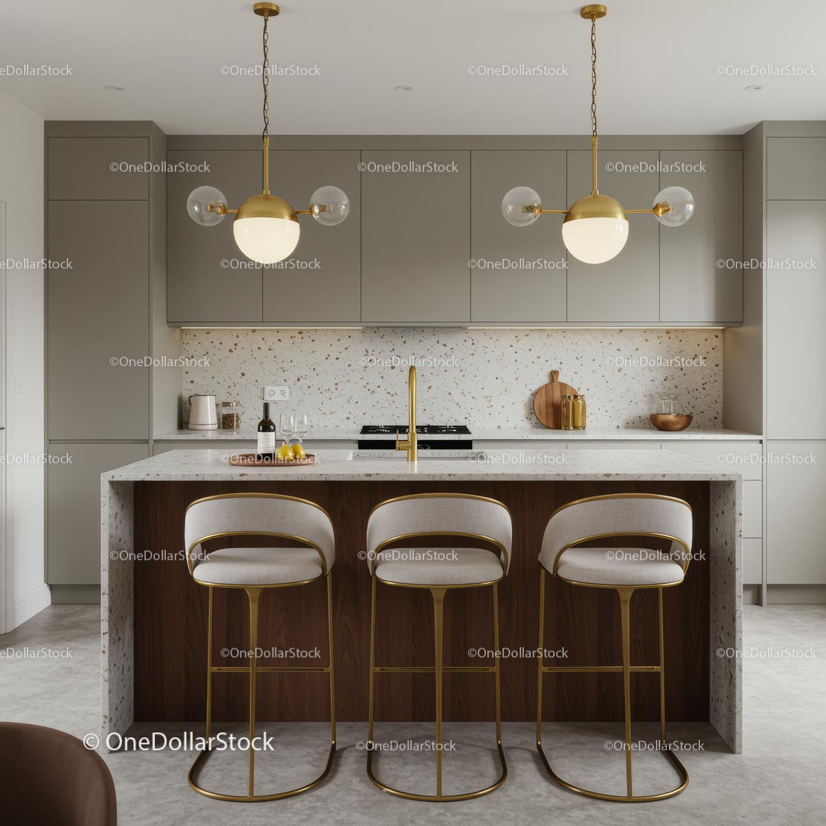Modern Kitchen with Elegant Gold Accents and Minimalist Design