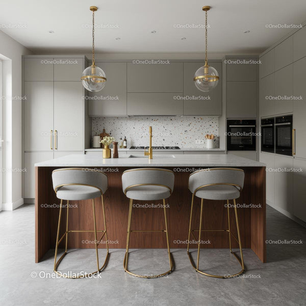 Modern Minimalist Kitchen with Gray Cabinets and Island