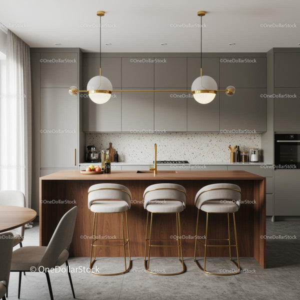 Sleek Modern Kitchen with Wooden Island and Gray Cabinets