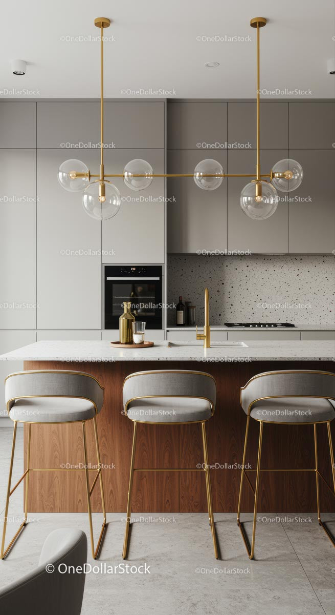 Modern Kitchen with Gold Accents and Marble Countertop