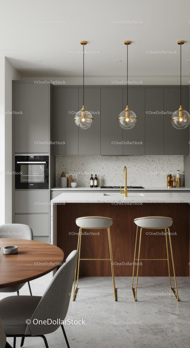 Luxury Modern Kitchen with Gray Cabinets and Gold Accents
