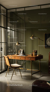 Mid-Century Modern Home Office with Wooden Desk