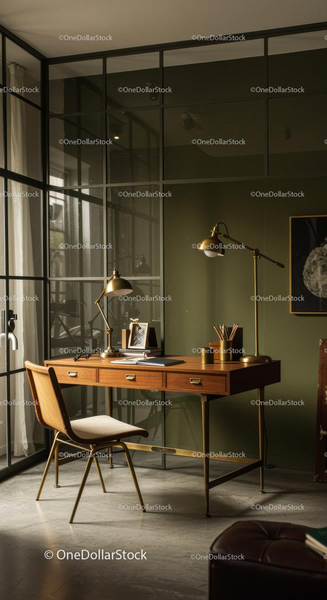 Mid-Century Modern Home Office with Wooden Desk