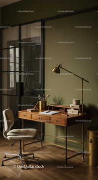 Elegant Home Office with Wooden Desk and Gold Lamp
