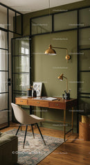 Stylish Home Office with Wooden Desk and Green Wall