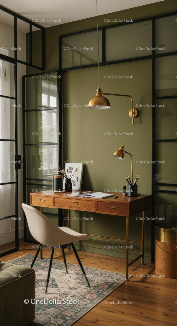 Stylish Home Office with Wooden Desk and Green Wall