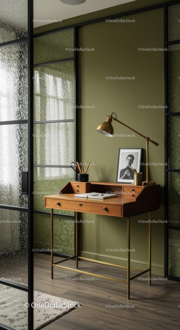 Eleganckie biurko w stylu mid-century z lampą w kolorze złota w nowoczesnym biurze