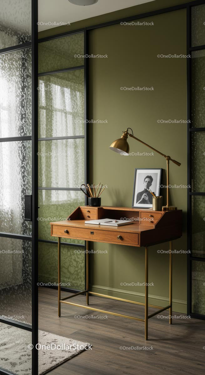 Elegant Mid-Century Desk with Gold Lamp in Modern Office
