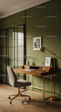 Stylish Home Office with Wooden Desk and Green Walls