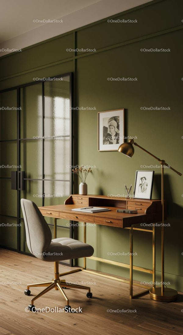 Stylish Home Office with Wooden Desk and Green Walls