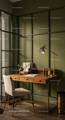 Elegant Home Office with Wooden Desk and Gold Lamp