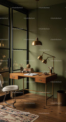 Elegant Home Office with Wooden Desk and Brass Accents