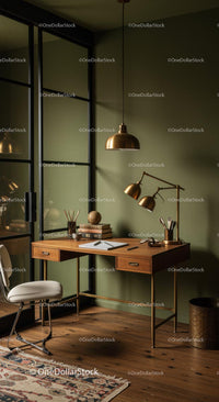 Elegant Home Office with Wooden Desk and Brass Accents
