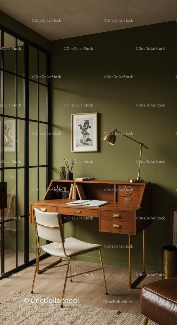 Elegant Home Office with Wooden Desk and Green Walls