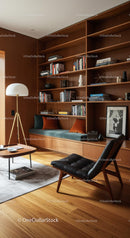 Modern Home Library with Cozy Reading Nook and Wooden Bookshelves
