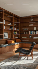 Cozy Home Library with Wooden Shelves and Leather Chair