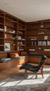 Cozy Home Library with Wooden Shelves and Leather Chair