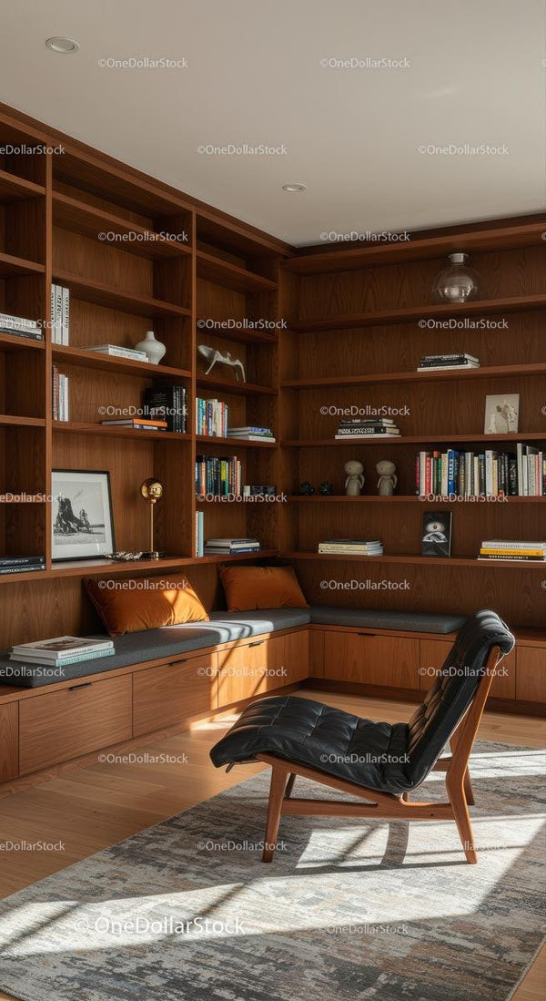 Przytulna Domowa Biblioteka z Drewnianymi Półkami i Skórzanym Fotelem