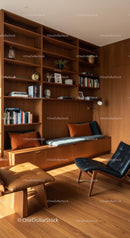 Modern Reading Nook with Wooden Shelves and Leather Chair