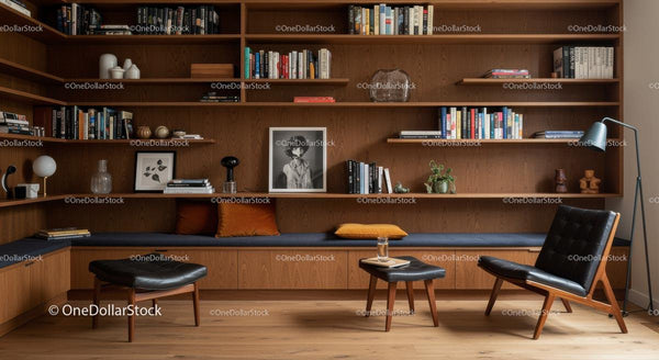 Contemporary Reading Nook with Wooden Shelves and Leather Chairs