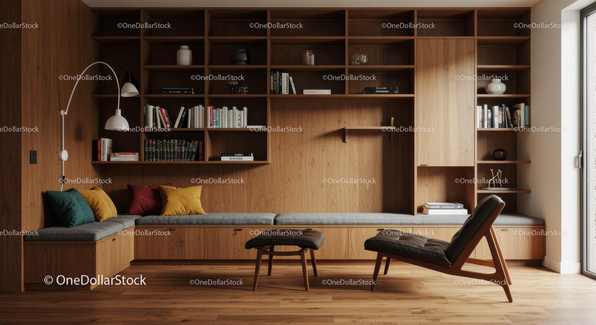 Modern Reading Nook with Wooden Shelves and Cozy Seating