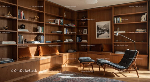 Wooden Shelves and Stylish Armchair in Cozy Home Library