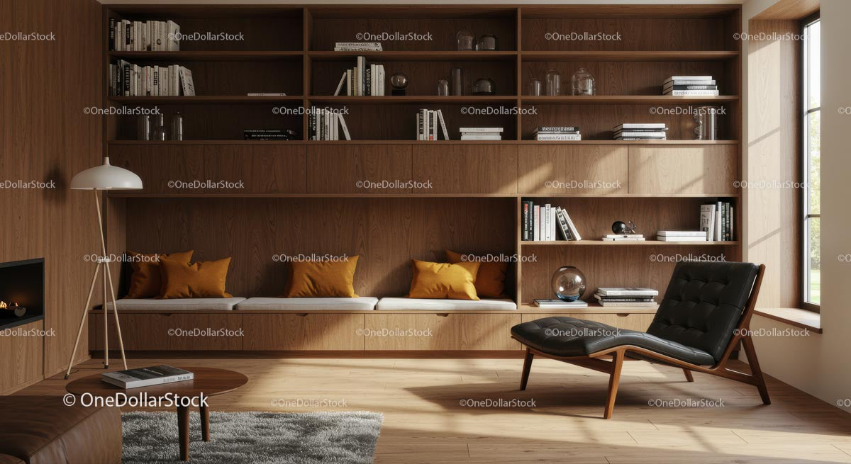 Modern Living Room with Wooden Shelves and Cozy Seating