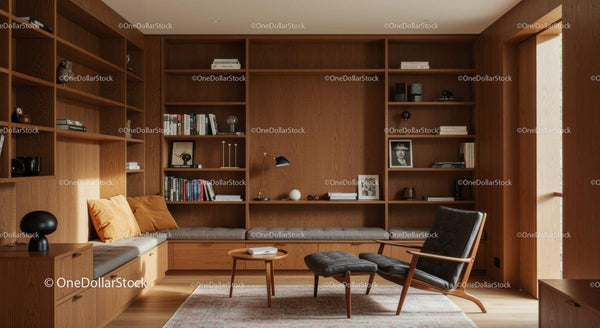 Modern Wooden Library with Cozy Reading Nook and Armchair
