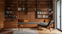Modern Cozy Living Room with Wooden Shelves and Stylish Decor