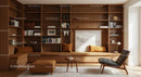 Modern Living Room with Wooden Shelves and Cozy Decor