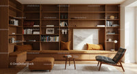 Modern Living Room with Wooden Shelves and Cozy Decor